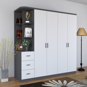 Tủ Quần Áo Gỗ Công Nghiệp MDF 4 Cánh Tích Hợp Kệ Trang Trí