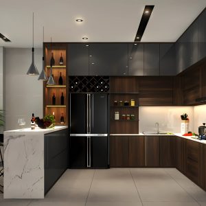 Tủ Bếp MDF Phủ Melamine Chữ U Kịch Trần