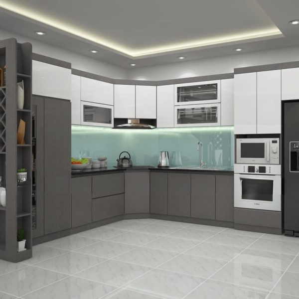 Tủ Bếp MDF Phủ Melamine Lõi Xanh Có Kệ Trang Trí