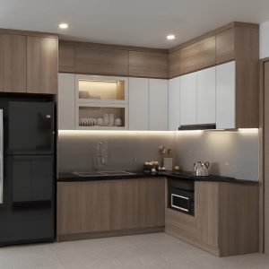 Tủ Bếp MDF Lõi Xanh Chữ L Có Khoang Tủ Lạnh