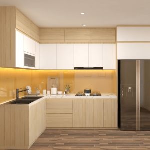 Tủ Bếp MDF Lõi Xanh Phủ Melamine Chữ L Vàng Phối Trắng