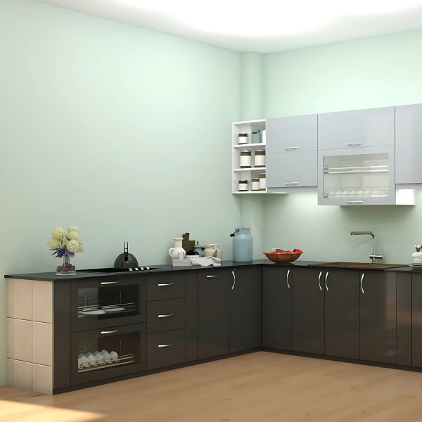 Tủ Bếp MDF Lõi Xanh Màu Xám Trắng Chữ L Hiện Đại