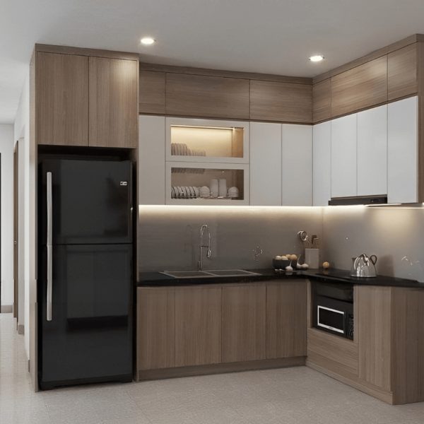 Tủ Bếp MDF Lõi Xanh Chữ L Có Khoang Tủ Lạnh - Hình ảnh 2