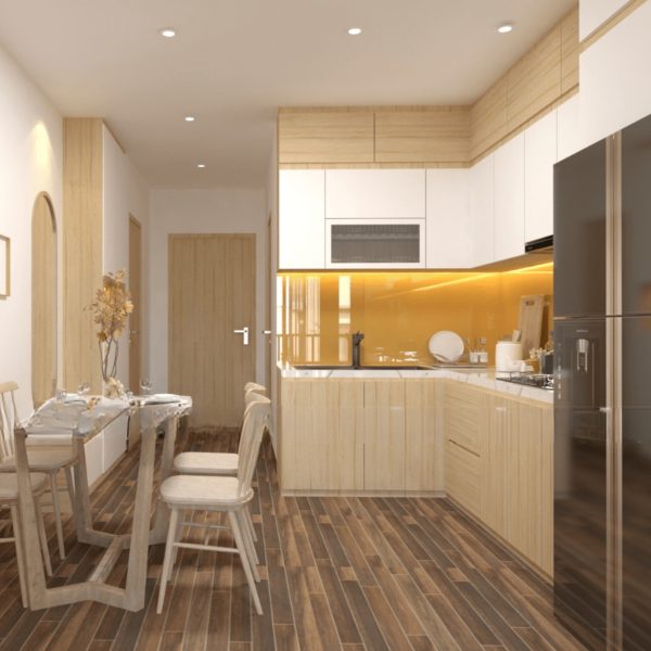 Tủ Bếp MDF Lõi Xanh Phủ Melamine Chữ L Vàng Phối Trắng - Hình ảnh 2