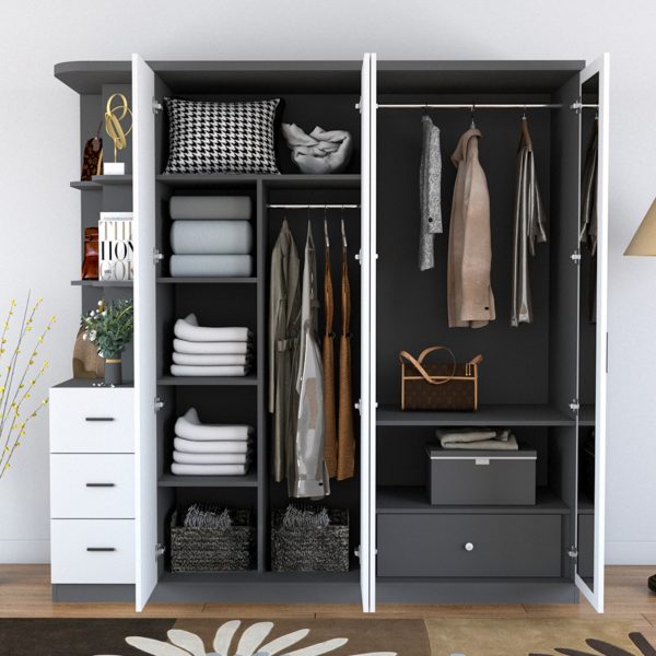 Tủ Quần Áo Gỗ Công Nghiệp MDF 4 Cánh Tích Hợp Kệ Trang Trí - Hình ảnh 3