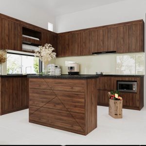 Mẫu Tủ Bếp Gỗ Công Nghiệp Cánh Melamine Chữ L Hiện Đại