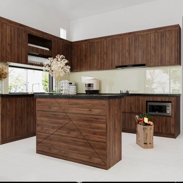 Mẫu Tủ Bếp Gỗ Công Nghiệp Cánh Melamine Chữ L Hiện Đại